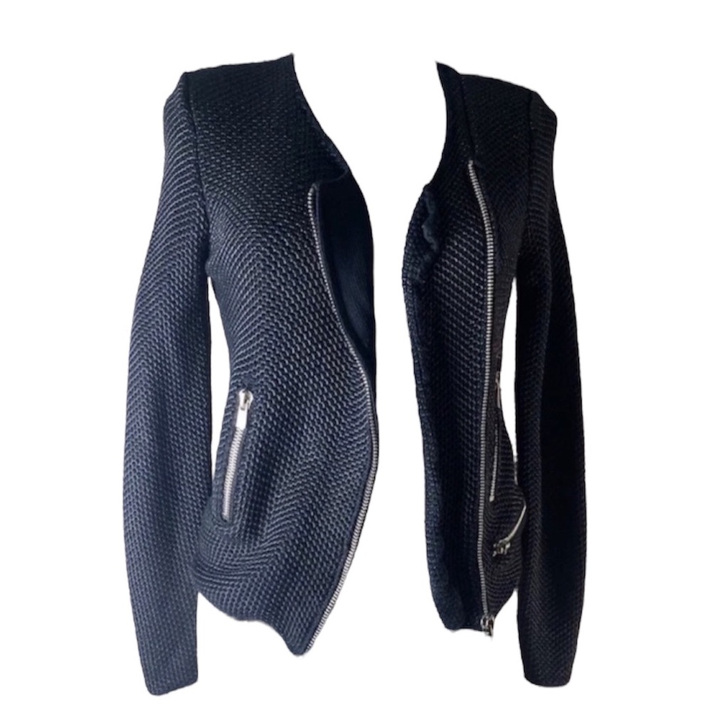 Maje Black Cotton Knit Moto Blazer Zip Up Jacket Sweater